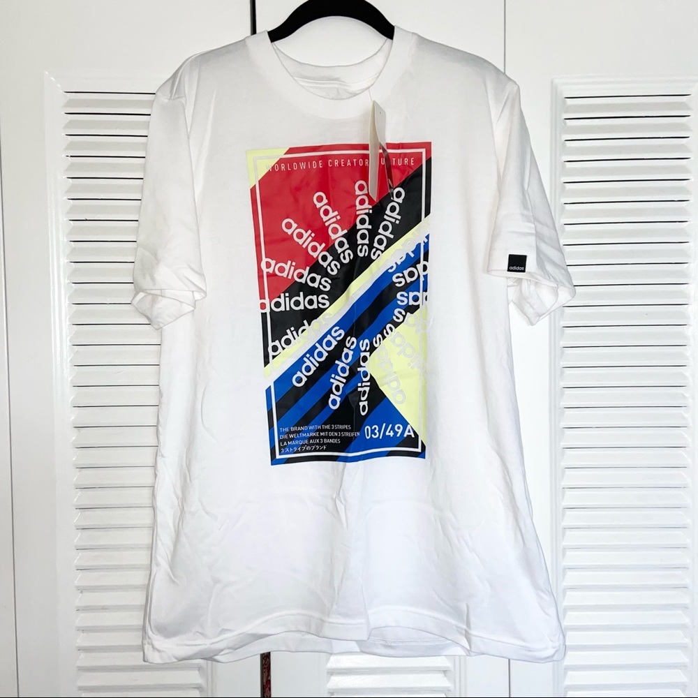 Adidas Men’s Graphic Short Sleeve T-shirt White NWT Circular Logo - Picture 2 of 5